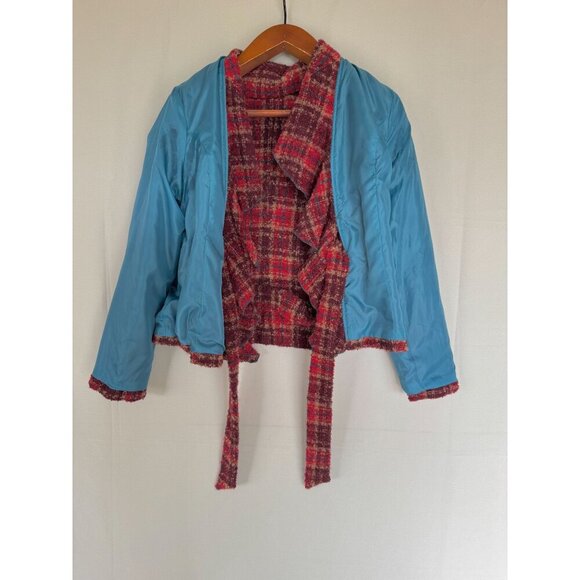 Anthropologie Tabitha Moretown Burgundy Red Blue Plaid Belted Blazer Size 12 - Picture 12 of 15